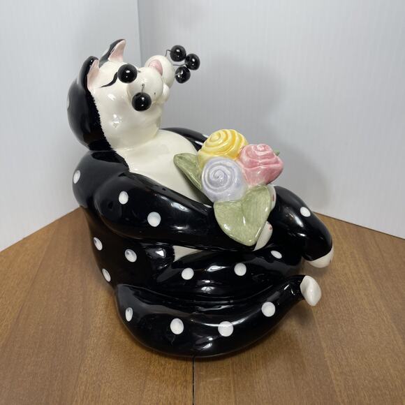 Vintage Amy Lacombe Cat Figurine Black White Polka Dot Flower 2001 Whimsiclay - Picture 3 of 10